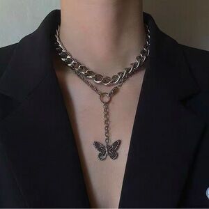 Butterfly silver necklaces, two layered necklaces set